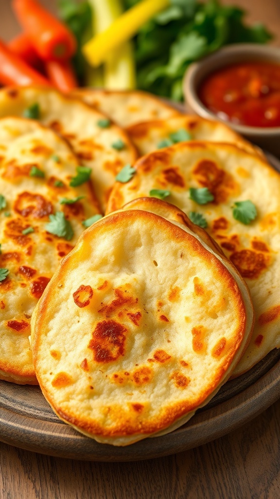 A sliced potato tortilla on a wooden plate, garnished with herbs, alongside vegetables and salsa.